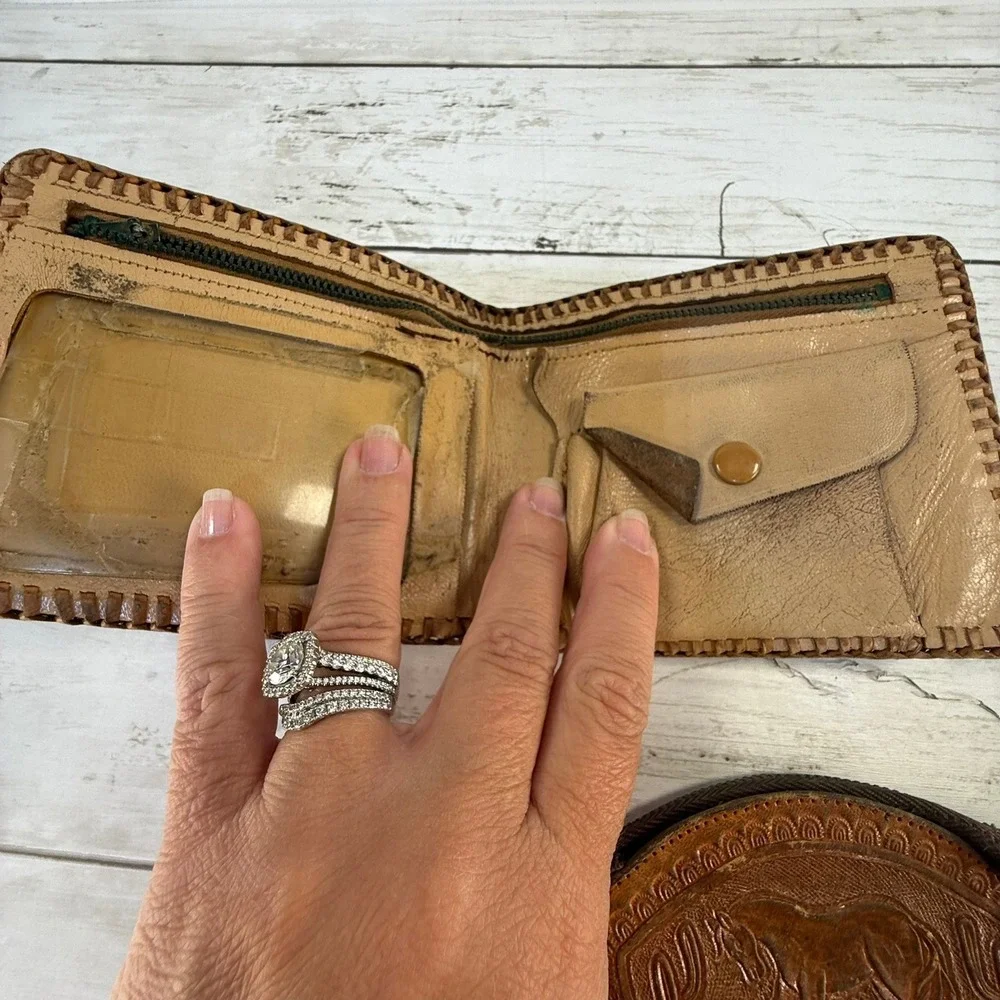 Vintage Hand Tooled Leather Wallet & Mexico Coin Purse Set Western Floral Horse